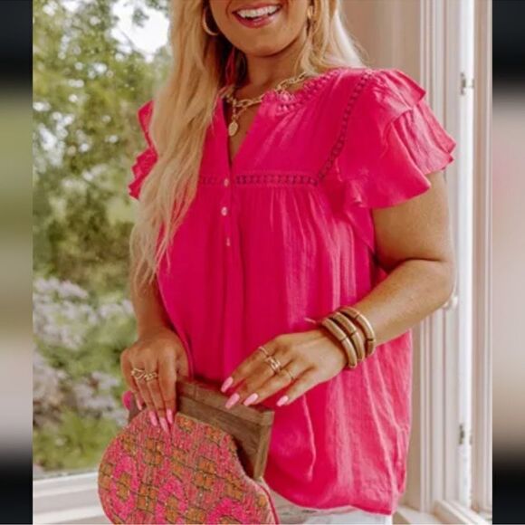 Fuchsia Pink 2X Short Flutter Sleeve Button Front Lace Crochet Detail Blouse - Picture 4 of 9
